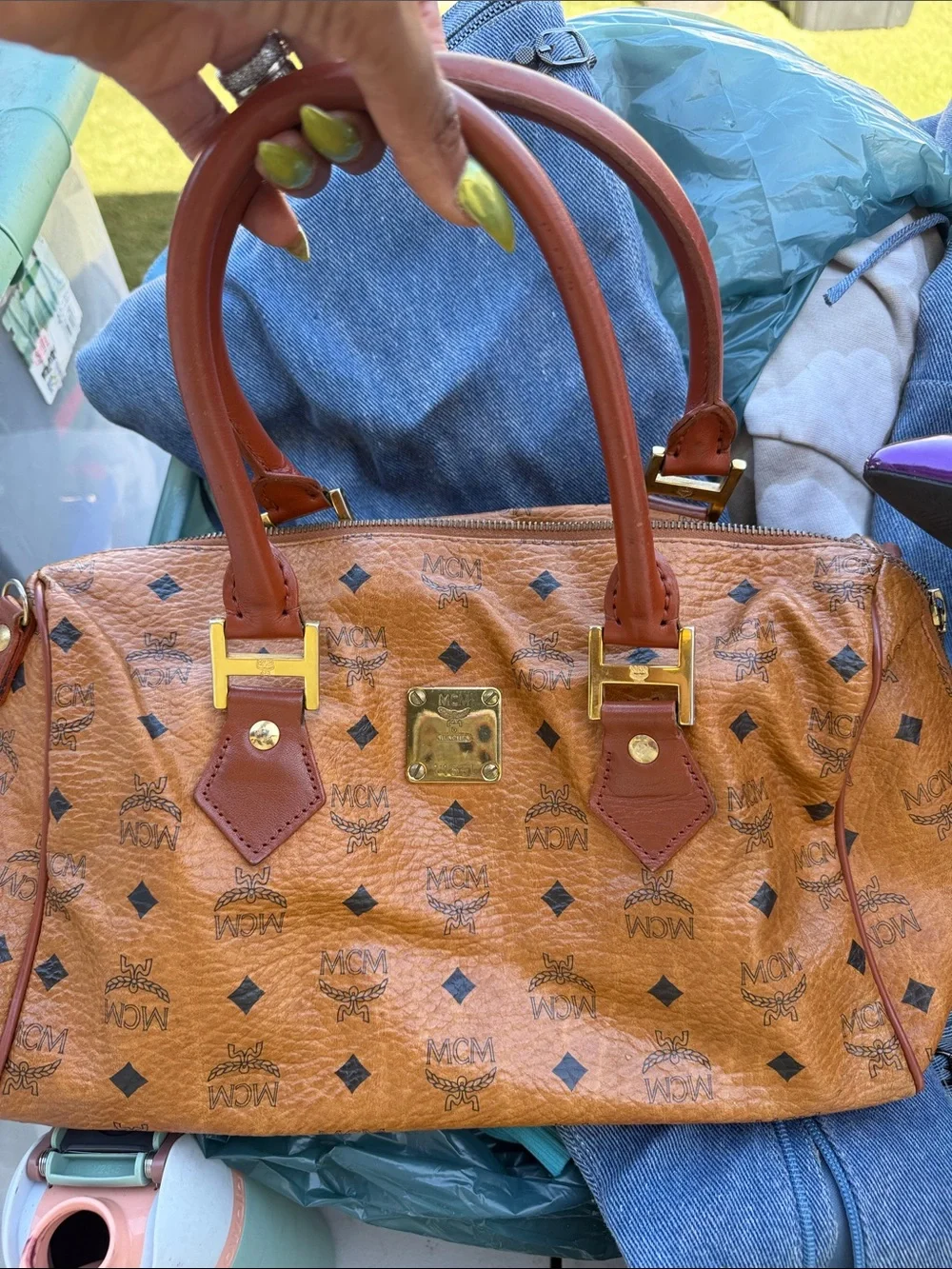 MCM Cognac Visetos Logo Satchel with Gold Hardware